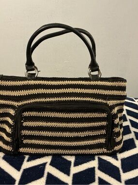 1990s vintage Striped Black and Cream Woven Tote Bag